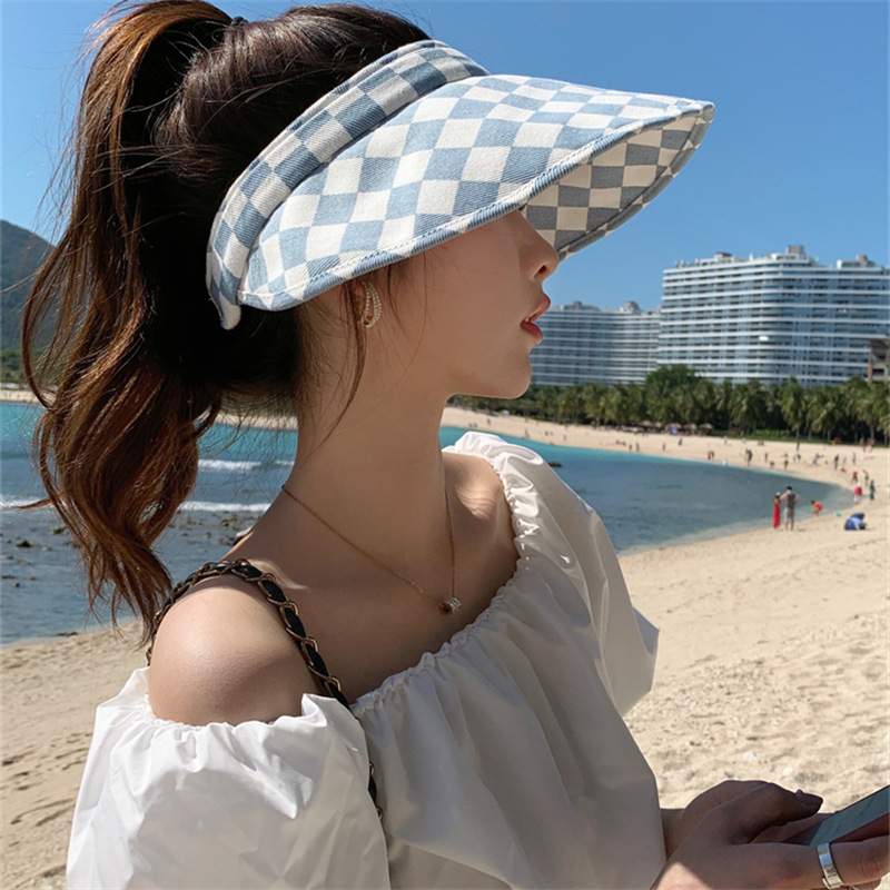 Empty top sun-proof shell hat for women Summer new UV-proof chessboard plaid beach headband sun-proof sun hat