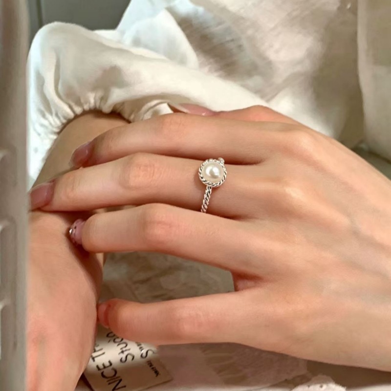 Freshwater Pearl Series Open Ring Korean Style Braided Edge Copper Platinum-Plated Index Finger Ring Vintage Jewelry