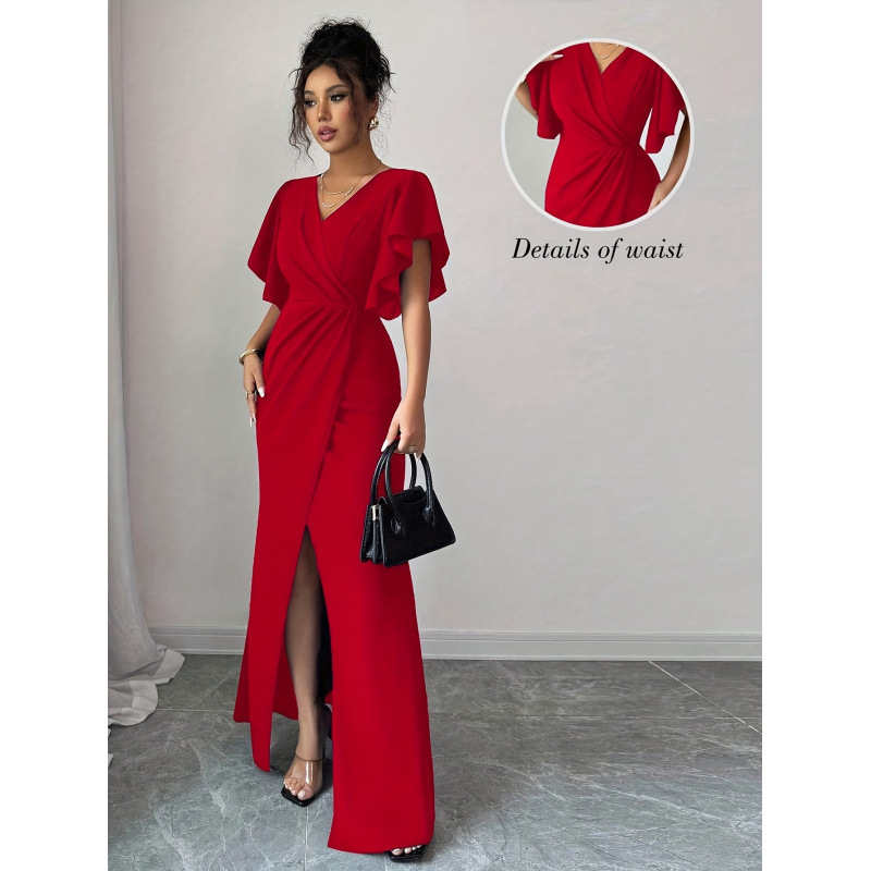 Women's Elegant and Romantic Ruffled Sleeve V-Neck Waist-Cinching Slim-Fit Long Dress with Slit Hem, Perfect for a Date