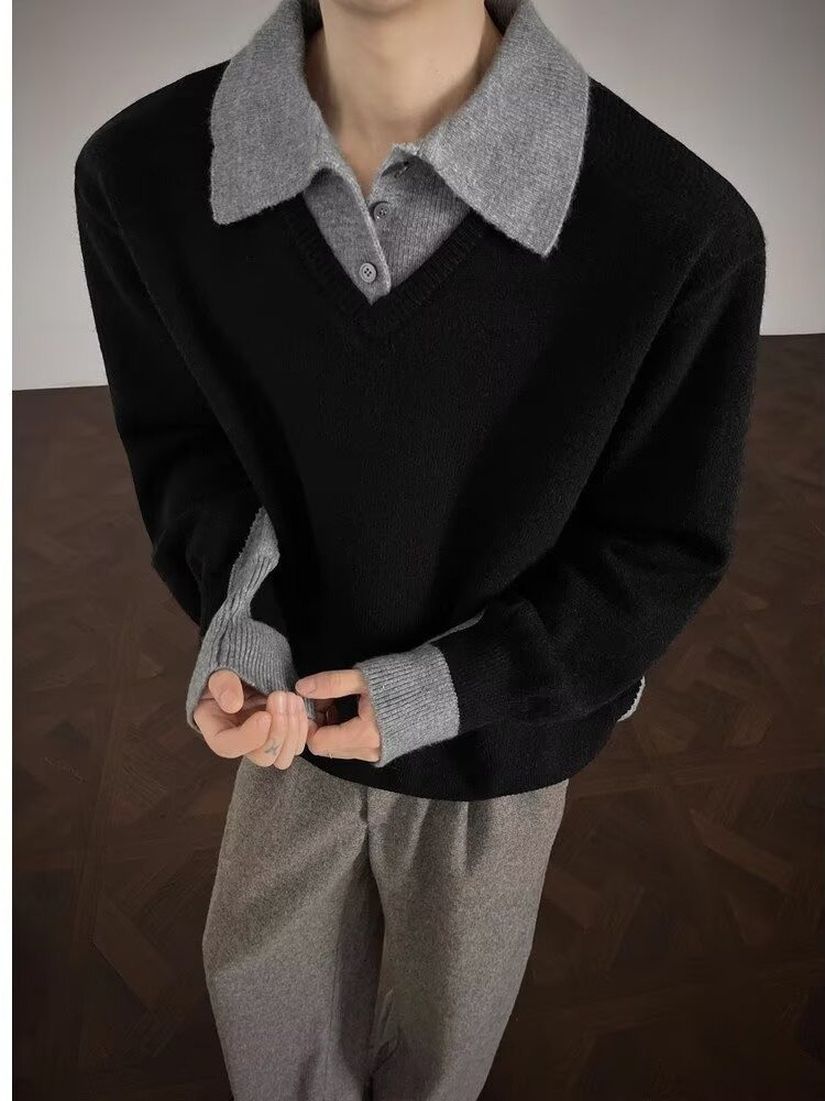 Old Money Style Fake Two-Piece Sweater for Men, Autumn and Winter Thickened Warm Knitwear with Polo Collar, High-End Feel for Teenagers