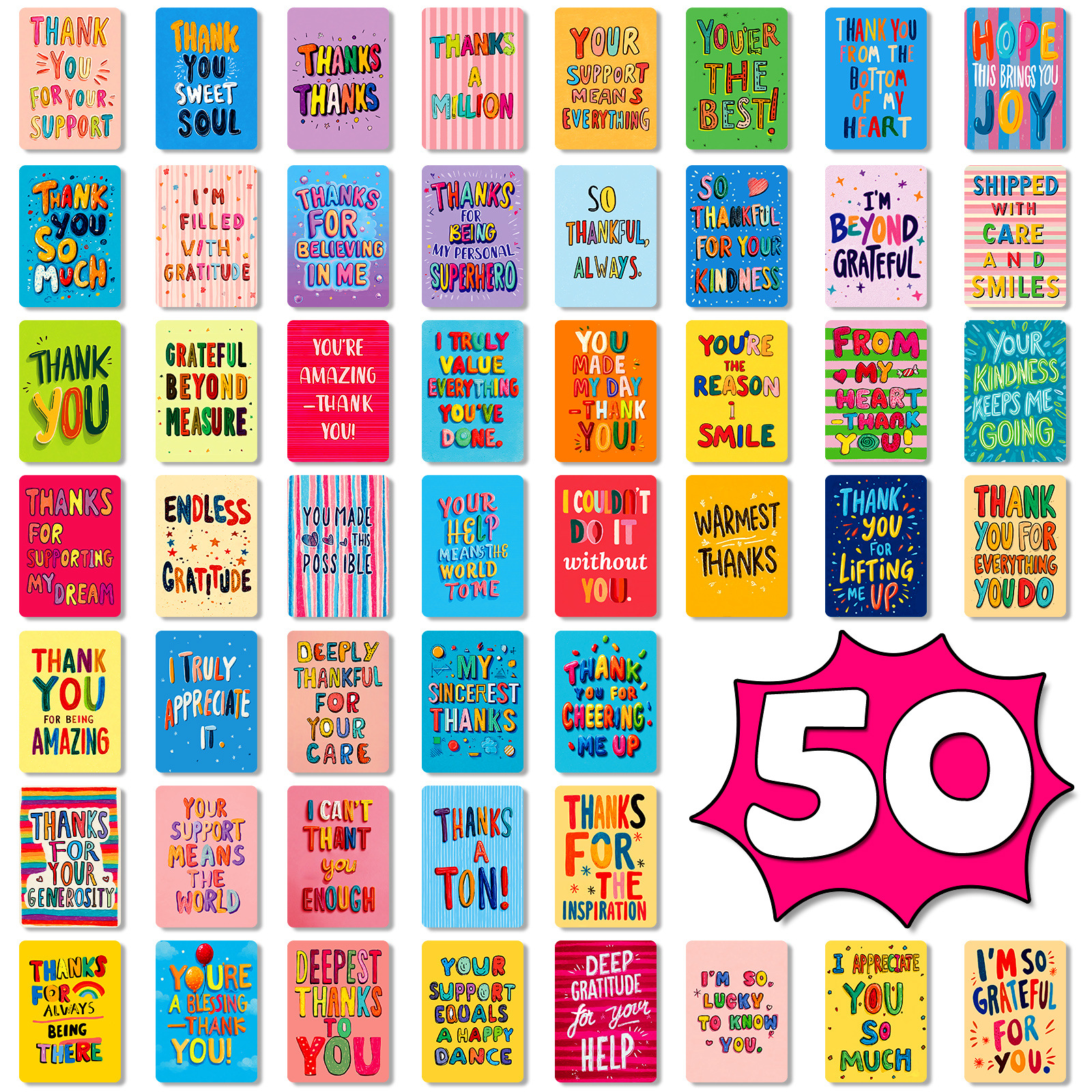 Cross-Border New Model 50-Piece Set of English Text Cards Expressing Gratitude, Colorful Graffiti-Style Gift Message Thank You Cards