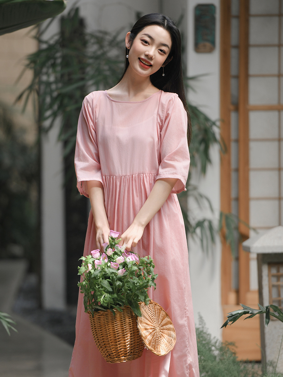 Women's 25 summer new half sleeve round neck dress 100 cotton high waist slimming texture dress a generation of hair