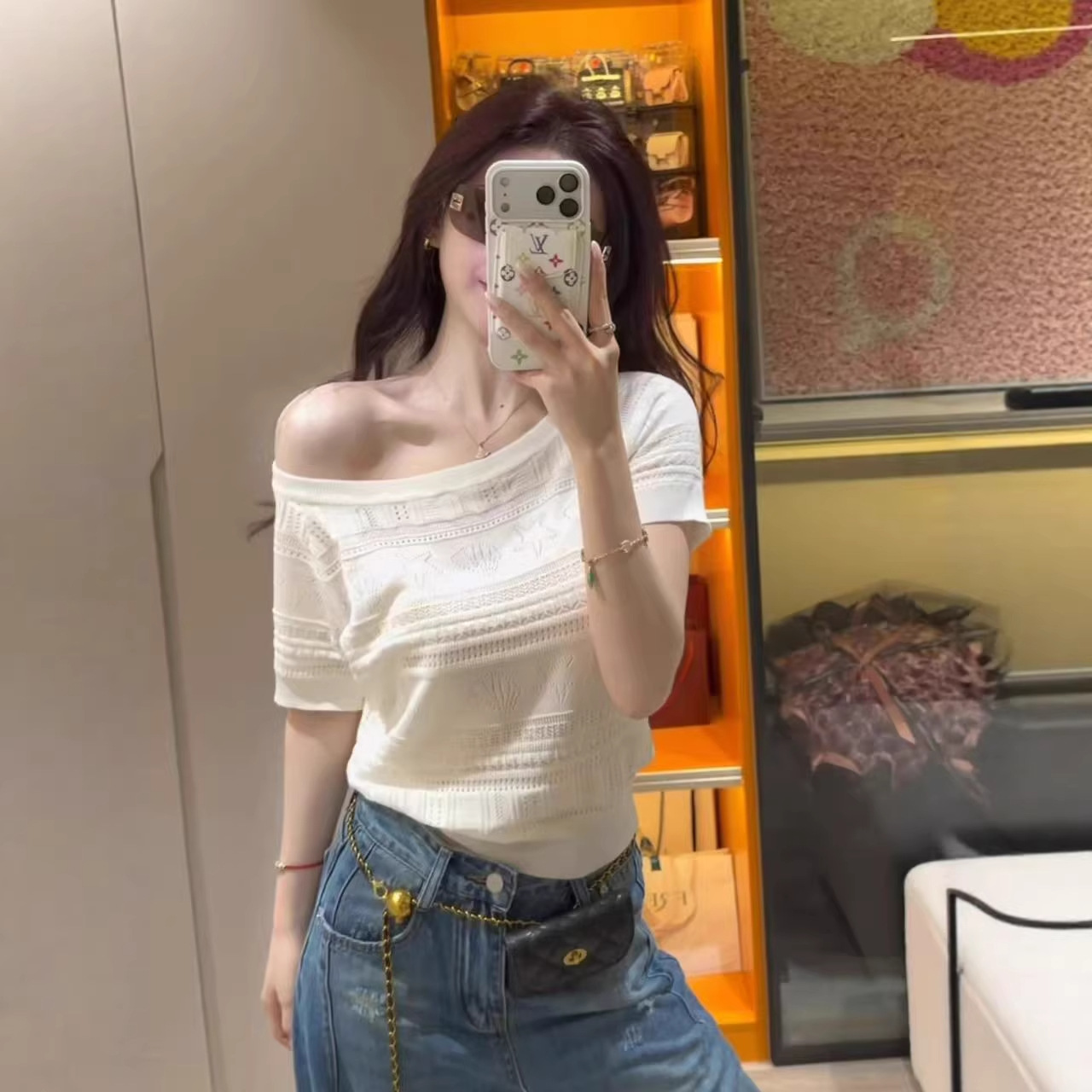 2026 Summer New Style Gentle and Elegant Hollow-Out Crochet Unique Super Stylish Off-Shoulder Short-Sleeve Knit T-Shirt for Women