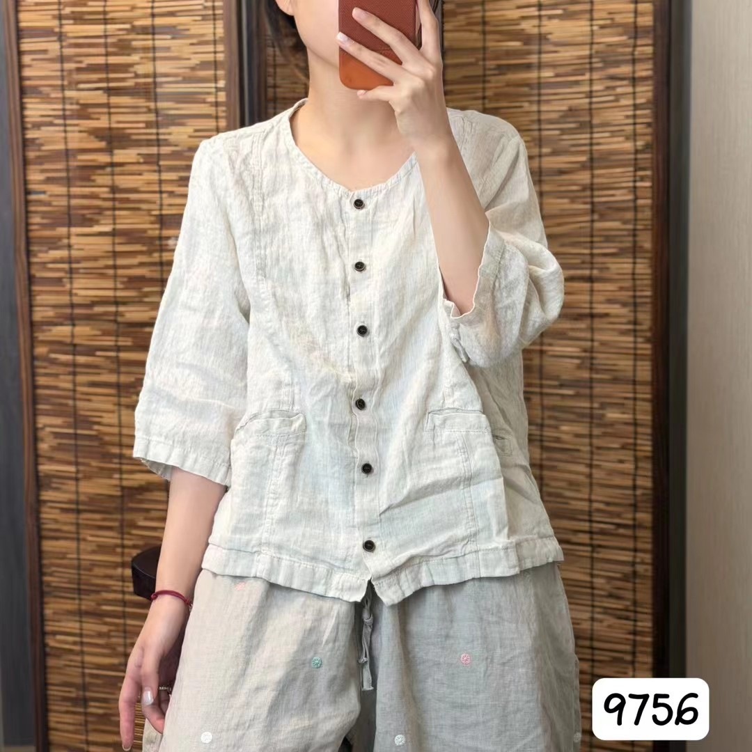2026 Summer New Style Simple and Artistic Versatile Linen Round Neck Mid-Sleeve Cardigan Top for Women