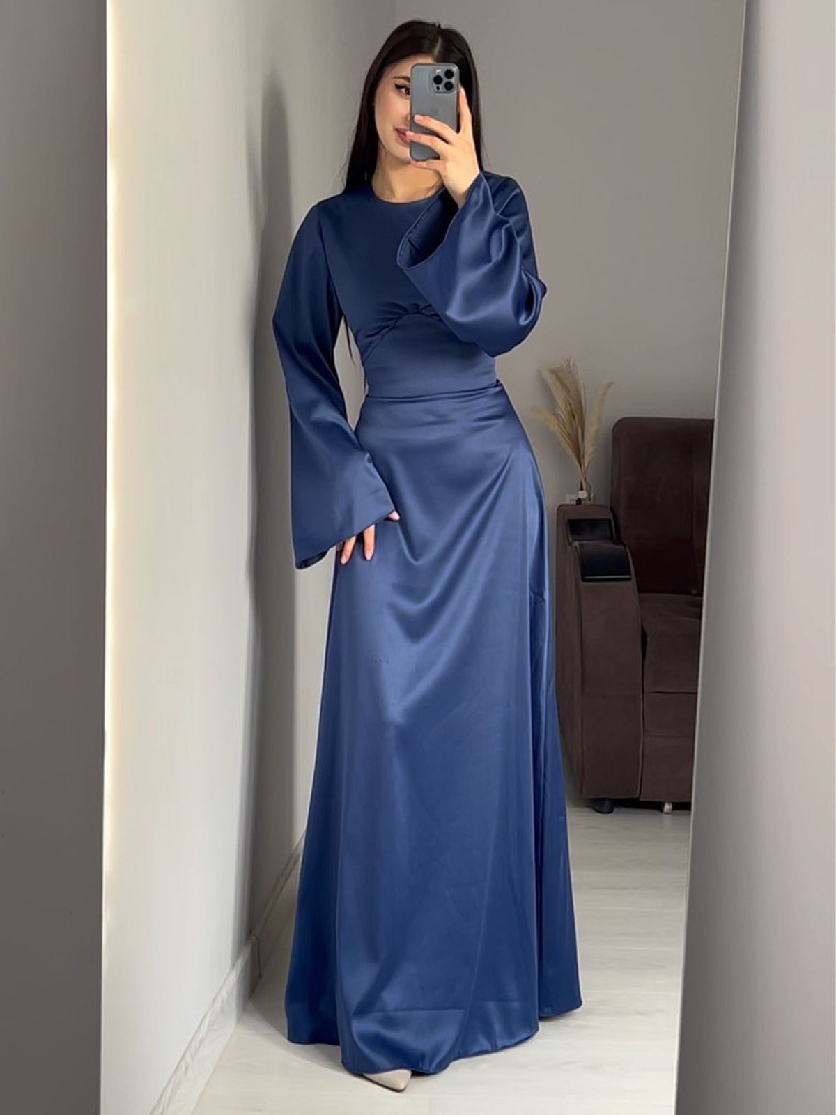 Amazon European and American 2026 Spring New Style Waist-Cinching Slimming Tie-Up Solid Color Long-Sleeve Long Dress Elegant Dress for Women
