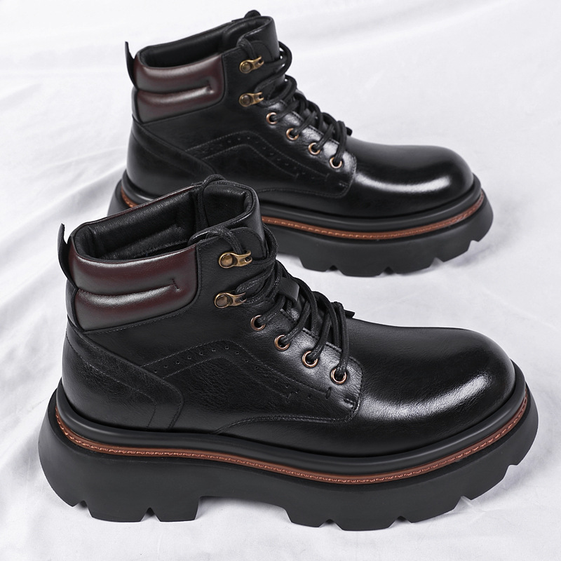 Thick-soled high-top leather shoes men's winter fleece-lined British-style martin boots genuine leather motorcycle leather short boots cotton-padded shoes for men