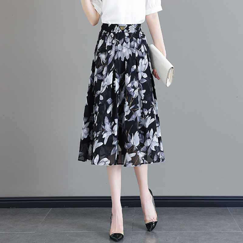 Chiffon Floral Mid-Length Skirt for Women 2026 Summer New Thin High-Waisted Slimming Elegant Pleated A-Line Skirt