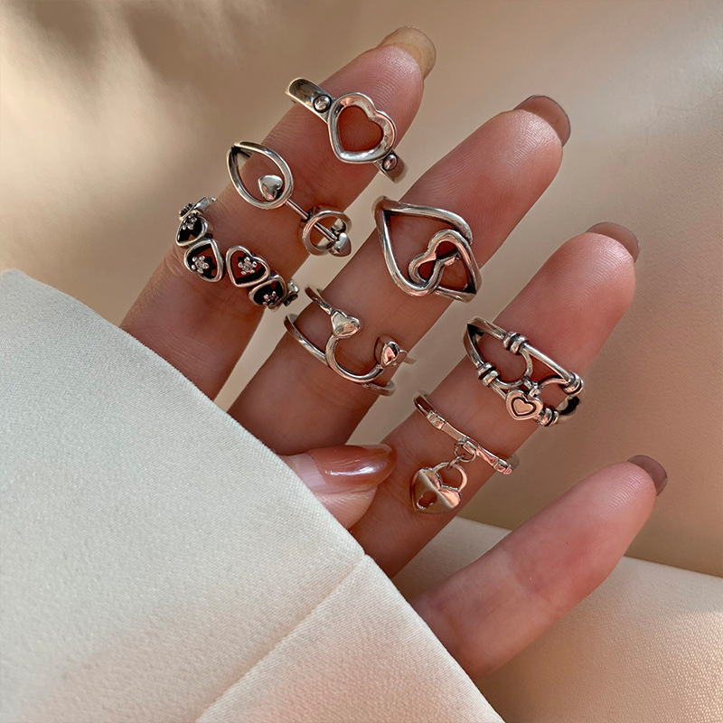 Ancient Cat Ning Retro Stacked Wear Combination Finger Ring Women's European and American Fashion Personality Hollow Opening Micro-inlaid Love Ring