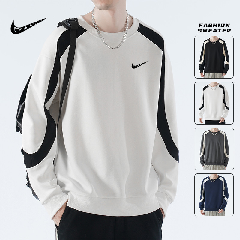 Autumn Japanese Style Sweatshirt Men's Round Neck Knitted Cotton Sports Long-Sleeved T-Shirt Splicing Loose Pullover Casual Top for Men
