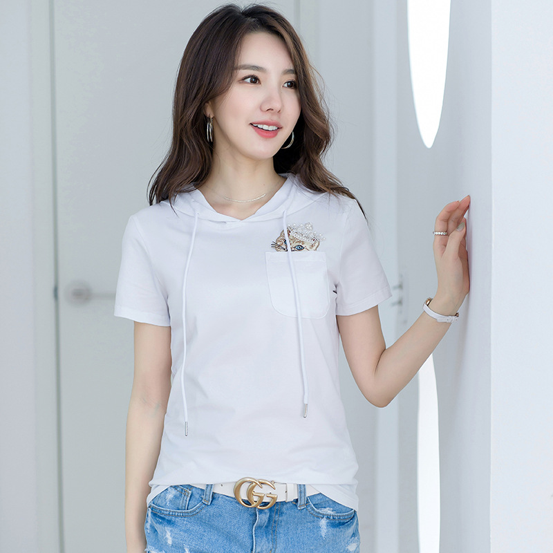 2026 Spring and Summer New Ins Super Popular Hooded T-Shirt for Women Niche Design Beaded Hooded Cat Sweatshirt Short Sleeve 6801