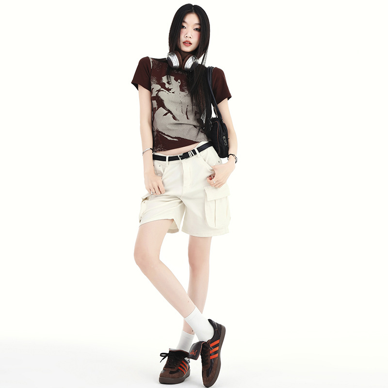 Explosive American Street Stretch Casual Overalls Multi-Pocket Design Sense Loose Straight Shorts Delivery Belt