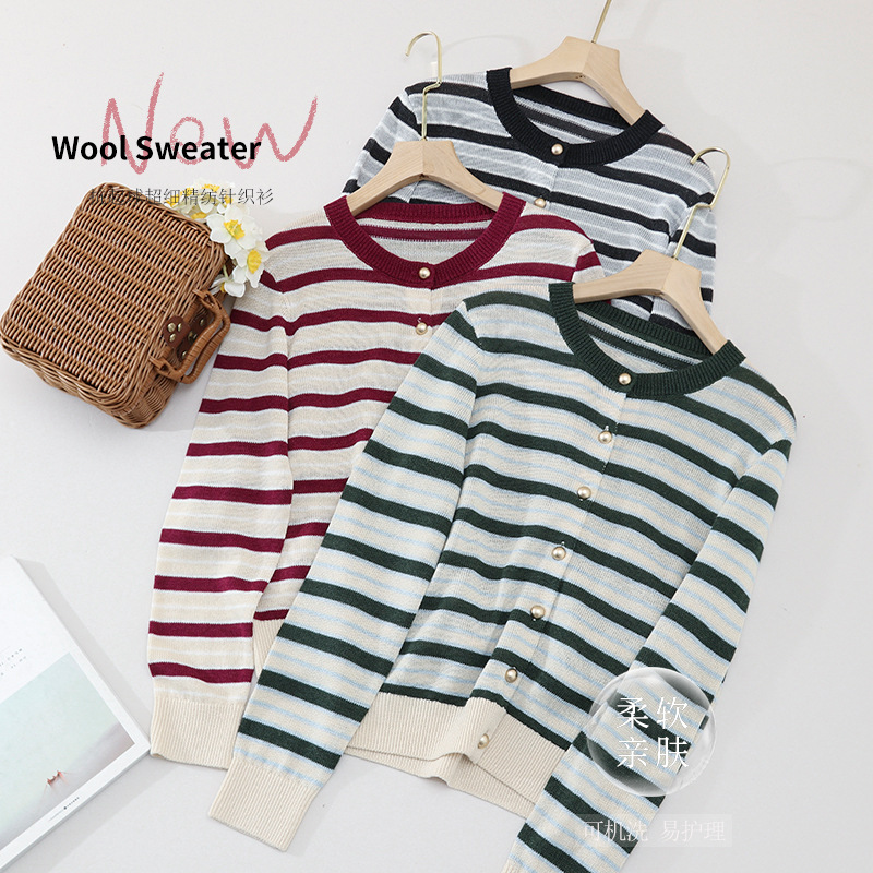 2026 Spring New Baijia Hao Same Style Striped Color-Block Knitted Cardigan for Women, New Gentle Style Long-Sleeve Top for Spring