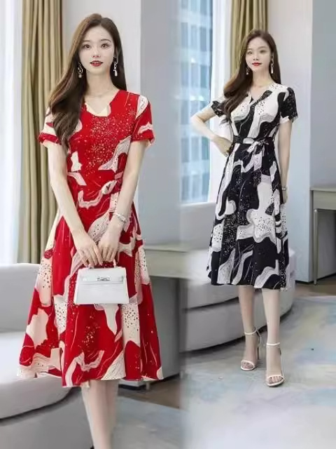 plus size Women's Mama dress Summer New Tight Waist Slimming Elegant Large Swing Skirt Printed Slimming dress