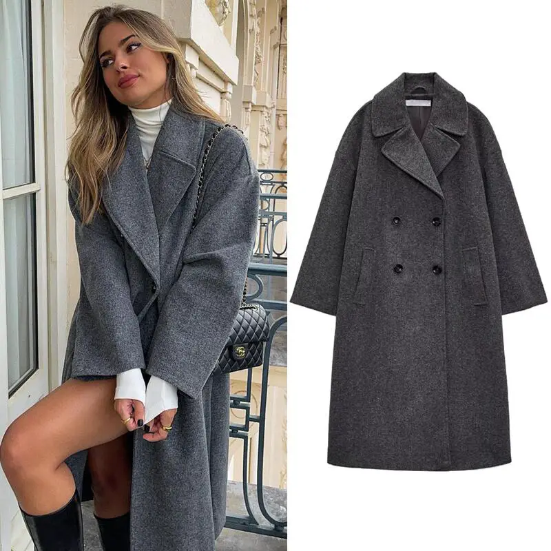 Autumn and Winter New Double-Breasted Long Korean-Style Loose Suit Lapel Woolen Coat for Women 3046293
