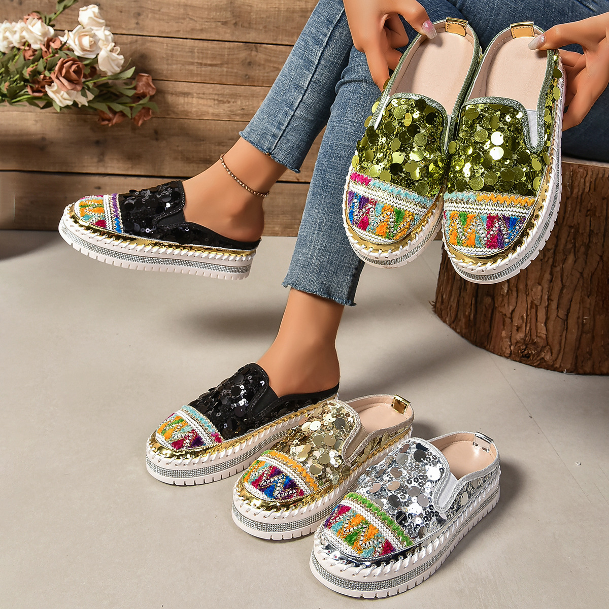 Sequin Women's Sandals and Slippers Featured Toe Sewing Bag Technology Comfortable and Durable Summer Outer Wear Half-Pack Slippers
