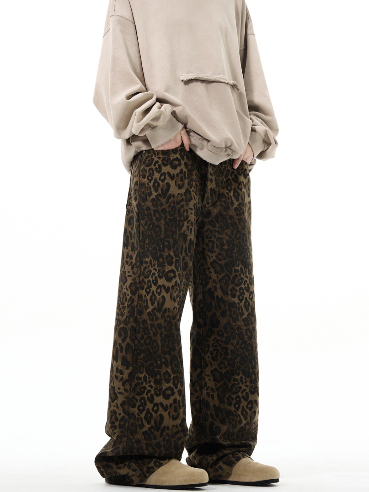 New American Style High Street Retro Leopard Print Jeans Trendy Brand Unisex Loose Straight vintage Casual Pants