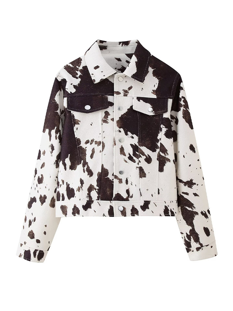 2025 Spring and Autumn Women's Fashion Hot Girl Style Unique Lapel Buttoned Cow Print Long Sleeve Loose Short Jacket Coat