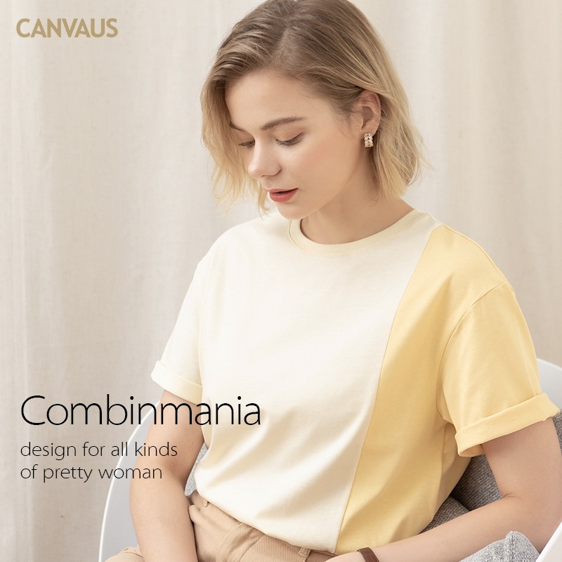 CANVAUS European and American round neck stitching loose bottoming top women's outer wear summer casual short sleeve Milky yellow T-shirt