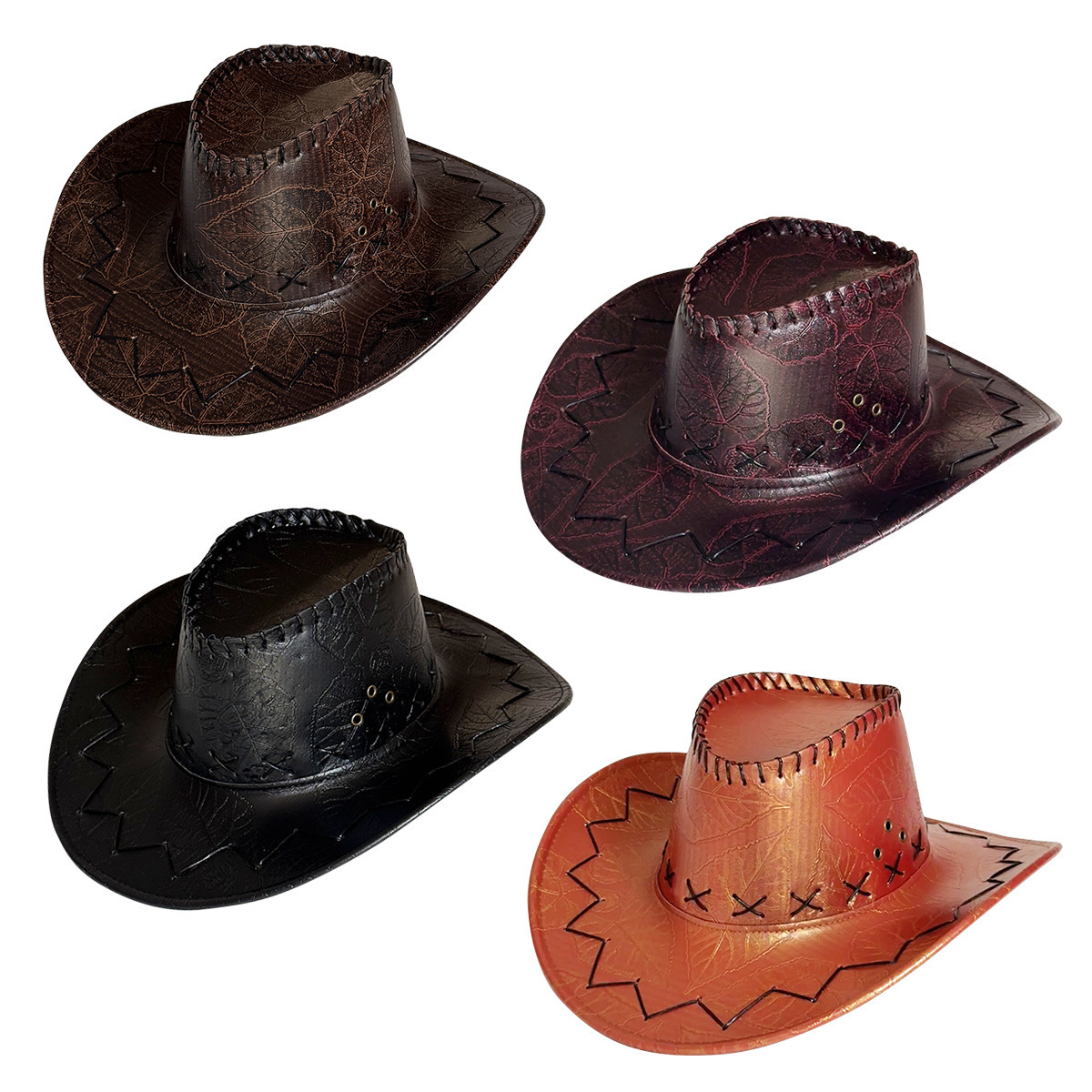 Western Cowboy Hat with Large Brim, Vintage Leather Leaf Design, Unisex Travel Sun Protection Hat, Large Brim, Cross-Border