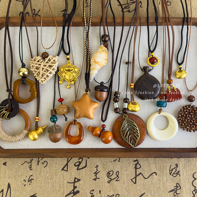 New Chinese Style Exotic Ethnic Style Braided Rope Necklace Long Drawstring Niche Design Clavicle Chain Retro Pendant Accessories