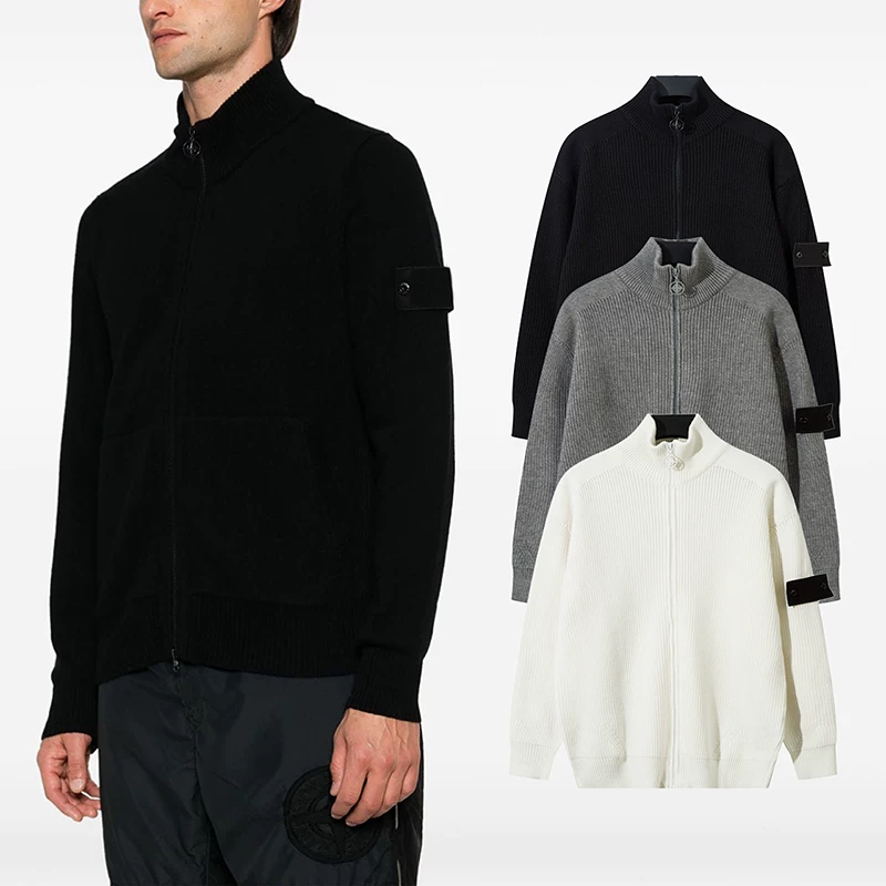 23Fw Stone Compass Zip Sweaters Compass Embroidered Functional Knitted Sweater Cardigan Jacket