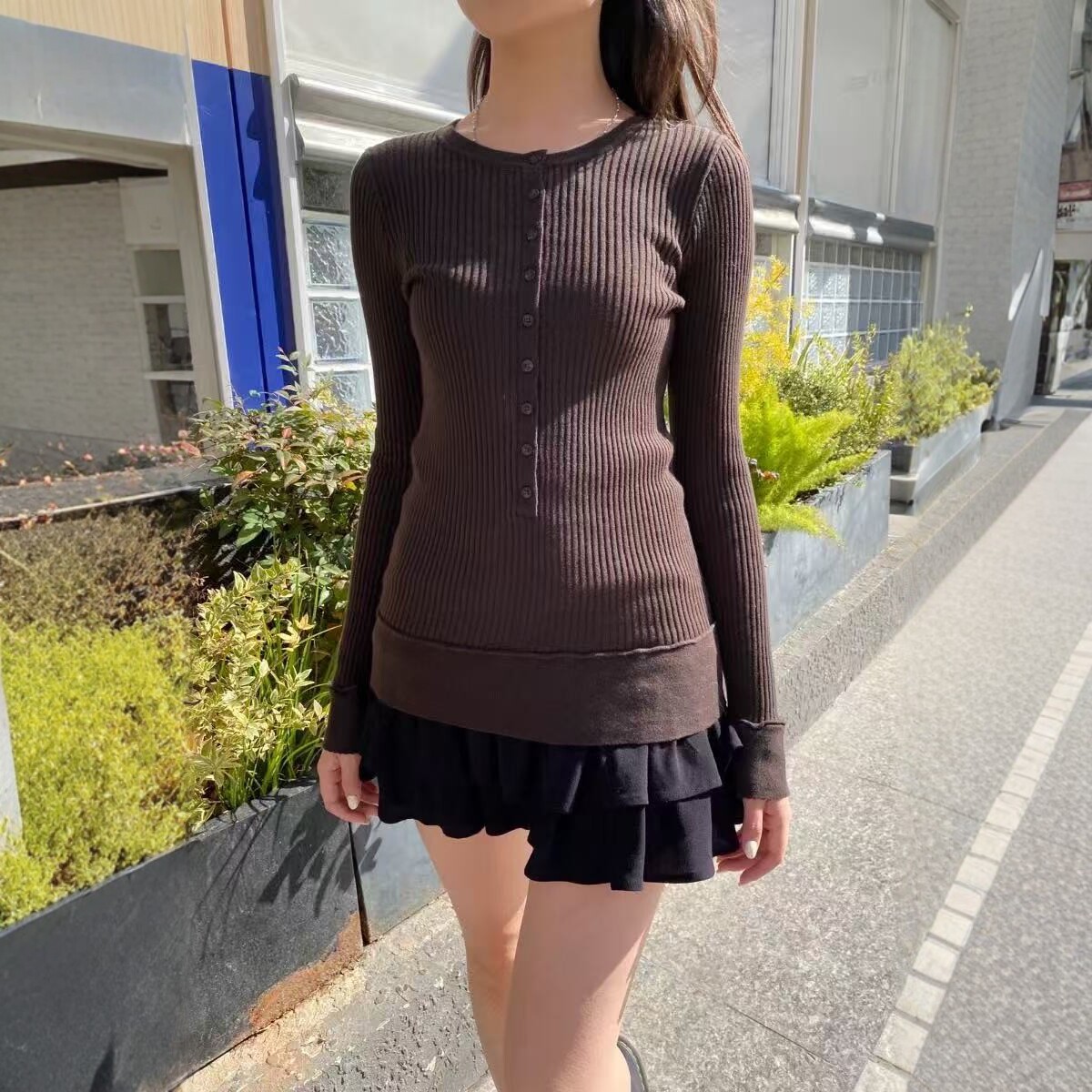 Bm New Retro Brown Nine-Button Ribbed Long-Sleeve Knit Sweater for Women, Bm Spicy Girl Button-Down Henley Collar Slim-Fit Top