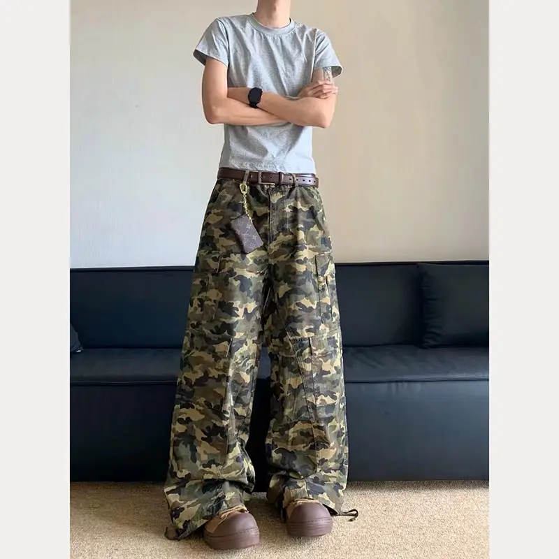 American Style Three-Dimensional Cut Camouflage Overalls Men's Heavy Loose Large Pocket Wide Leg Casual Pants Spring and Autumn Men's Pants