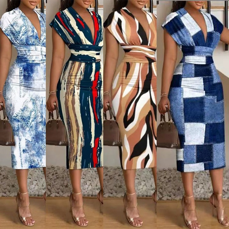 Summer 2025 New Cross-border Women's Amazon AliExpress Printed V-neck Long Dress High Waist Hip Slim Fit dress
