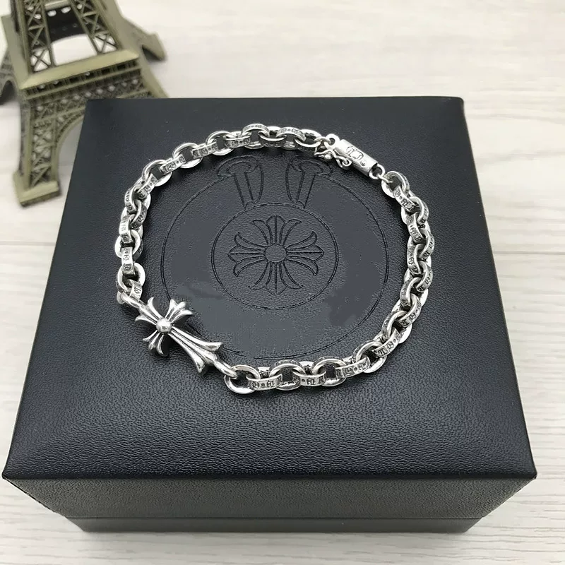 Silver Gill S925 Pure Silver Vintage Thai Silver Bracelet, Personalized Fashion Cross Bracelet for Couples, Available in Long and Short Styles for Men and Women