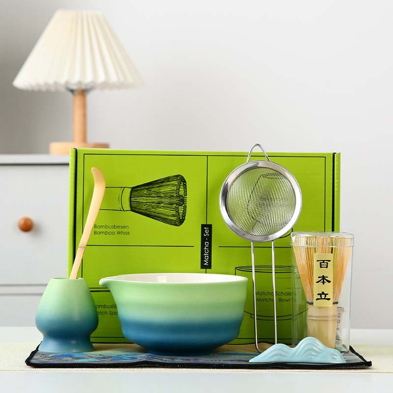 Cross-Border Ceramic Gradient Matcha Bowl with Spout Combination Set Tea Whisk Stand Tea Ceremony Matcha Tools