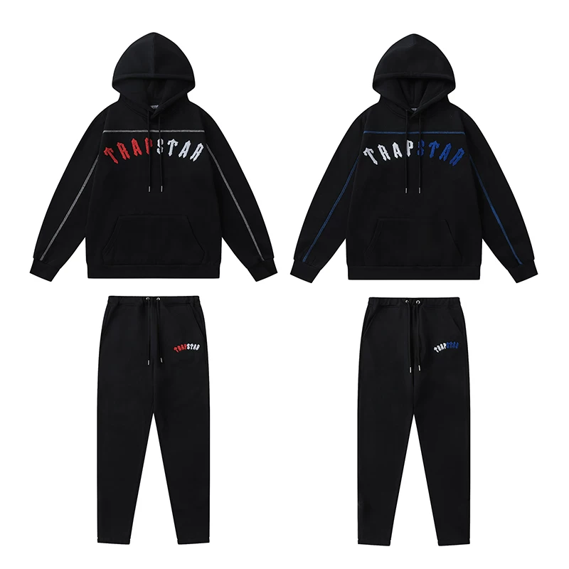 Trapstar contrasting letter towel embroidery thread design with fleece hooded sweatshirt for men and women loose casual thick cotton pants