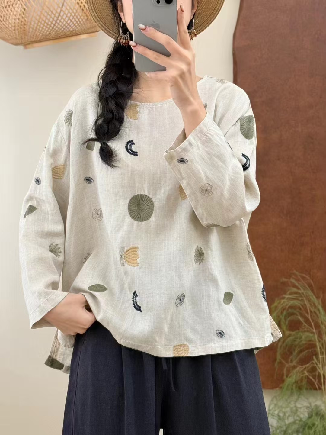 Embroidered Round Neck Pullover 2026 Spring New Style Artistic Embroidered Tencel Linen T-Shirt Loose and Versatile Top for Women