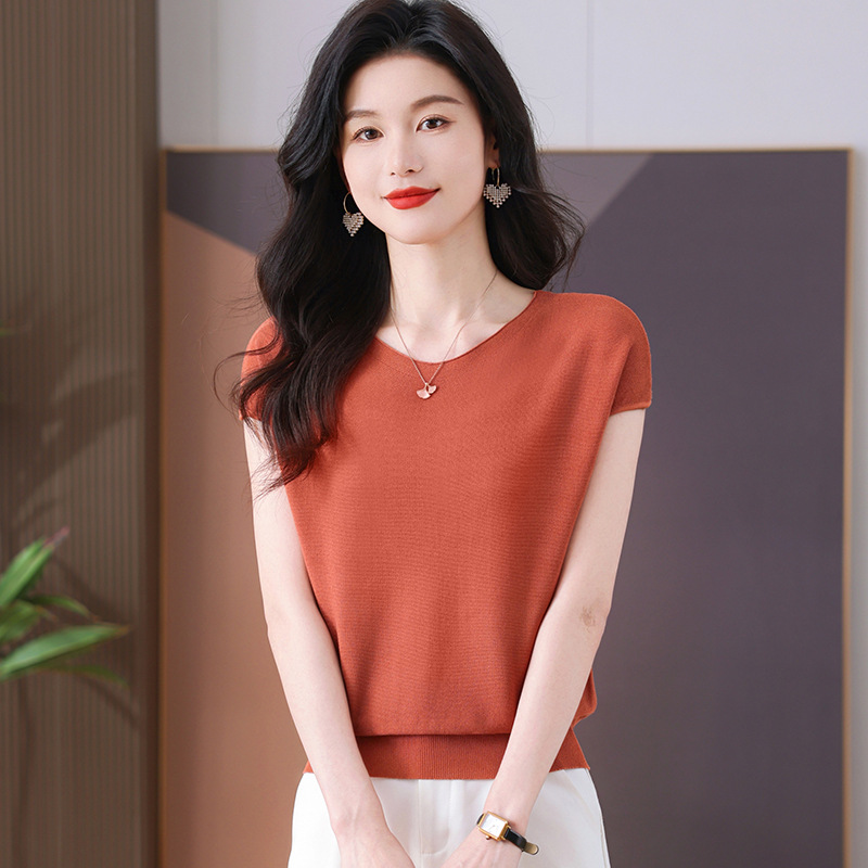 2026 Summer New Style Women's T-Shirt Short-Sleeved New Style Stylish Ice Silk Top Women's Loose Thin Knitted Batwing Shirt