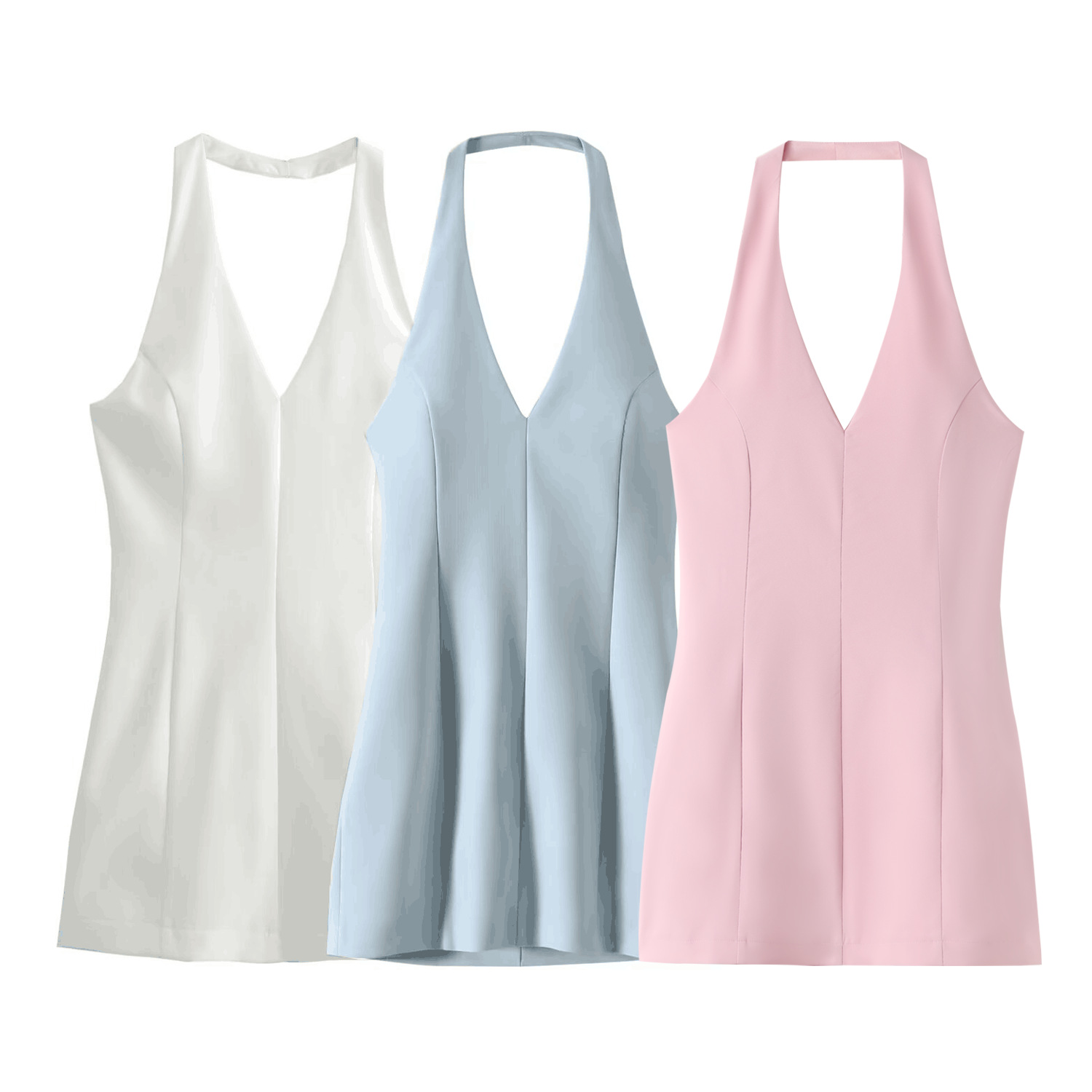 2025 Spring New Street Style V-Neck Halter Neck Slim Fit Solid Color Dress 2744777