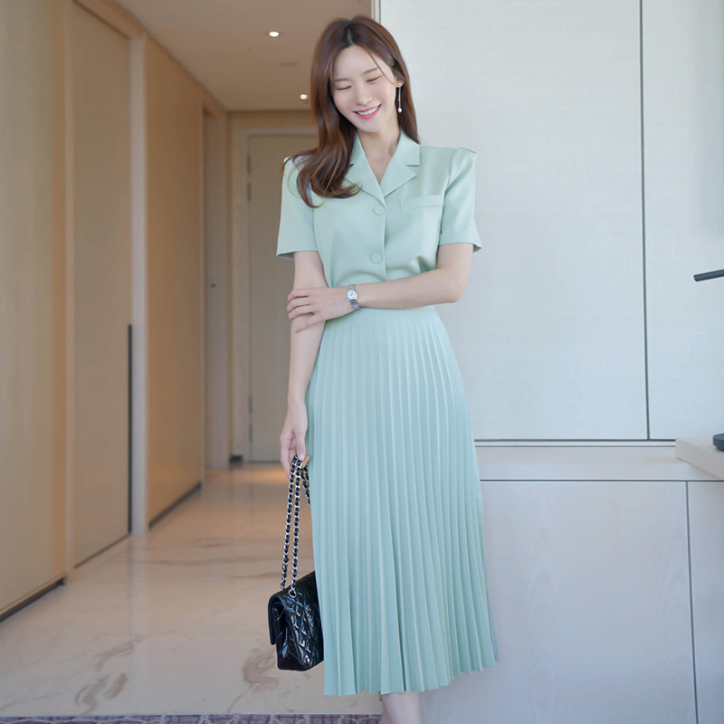 3651 Professional Casual Aqua Blue Suit Top Mid-Length Skirt New High-Waist Women's 2-Piece Suit Work Clothing Accessible Luxury