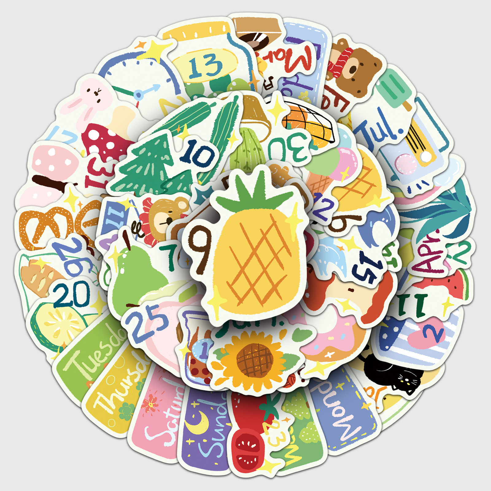 50 Original Daily Diary Stickers, Cartoon Hand-Painted Cute Month and Date Decoration Mobile Phone Water Cup Book Stickers