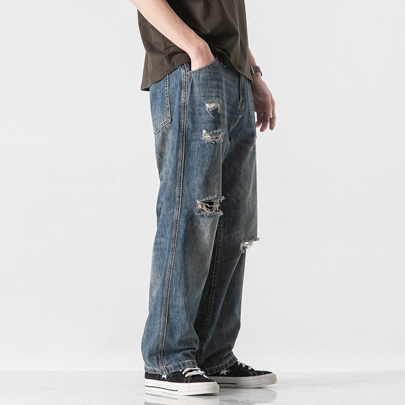 Ripped Jeans Men's Straight Tube Loose Wide Leg Trendy Brand Retro Washed Extra Large Size Workwear Casual Long Pants