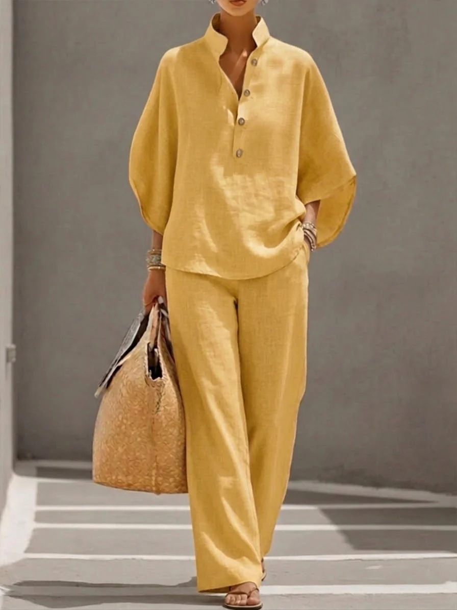 2026 European and American Cross-Border New Women's Cotton and Linen Set, Loose Solid Color Batwing Sleeve Shirt and Wide-Leg Pants Two-Piece Set