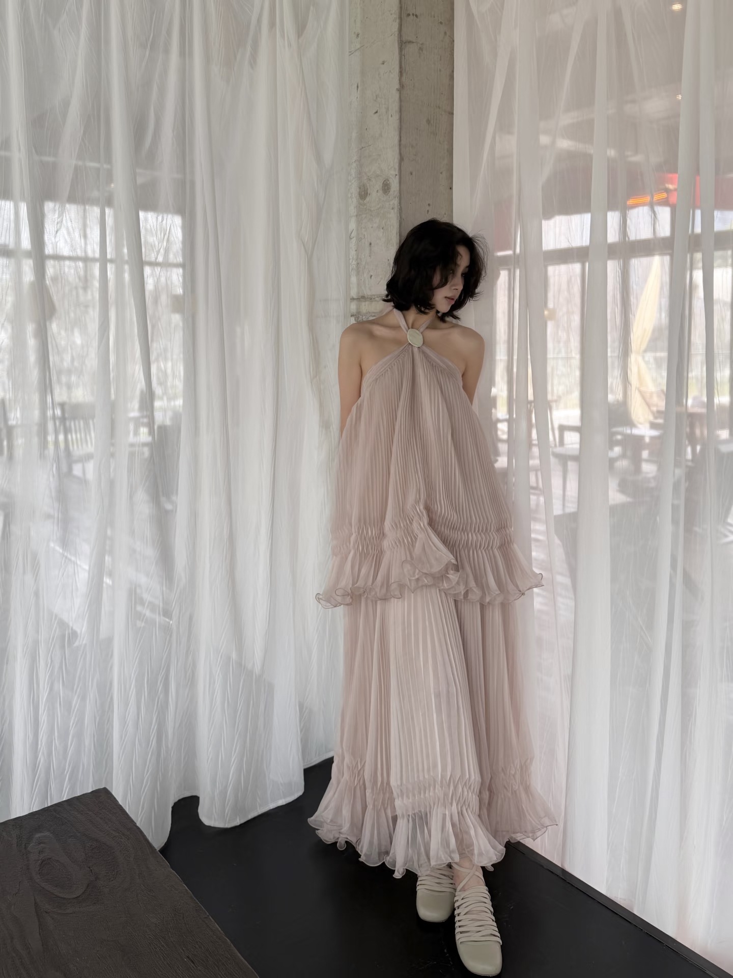Nanyou Women's Clothing Wholesale French Romantic Backless Tulle Pleated Halter Neck Tie Dress Vacation Atmosphere Long Dress