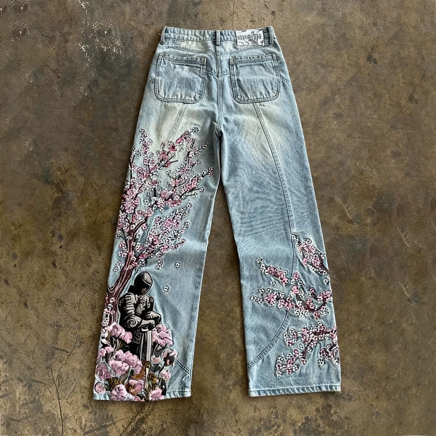 Y2k hoodie~American retro plum blossom embroidery wide leg jeans for men and women, loose straight leg pants, street style