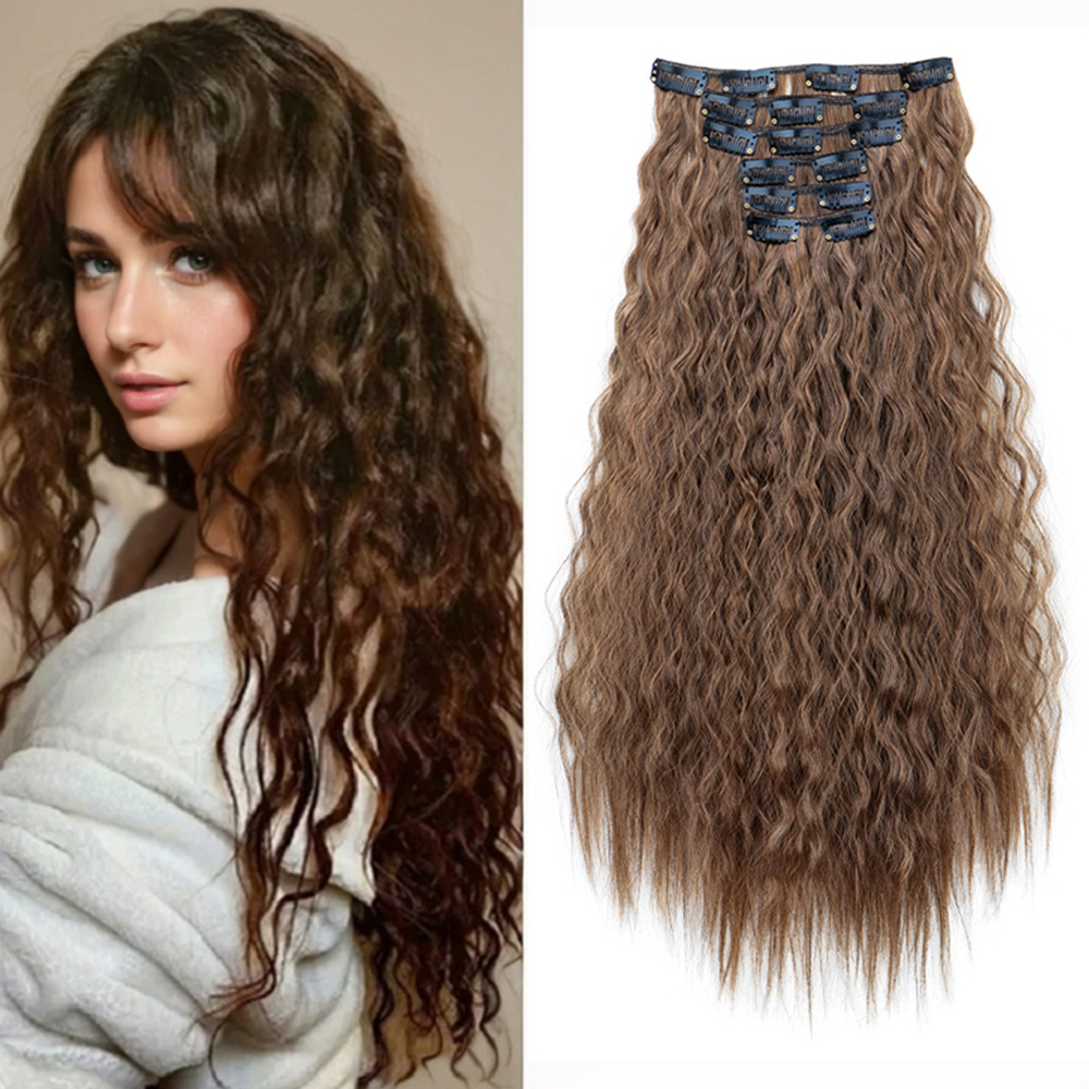Wig Piece Female 6-Piece Set Corn Perm Long Curly Hair 16-Card Hair Six-Piece Set Wavy Curly Highlighted Hair Extensions