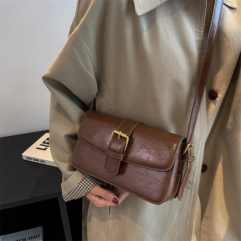 High-End Niche Women's Bag 2026 New Trendy Fashion Waxed Leather Shoulder Crossbody Bag Retro Versatile Small Square Bag