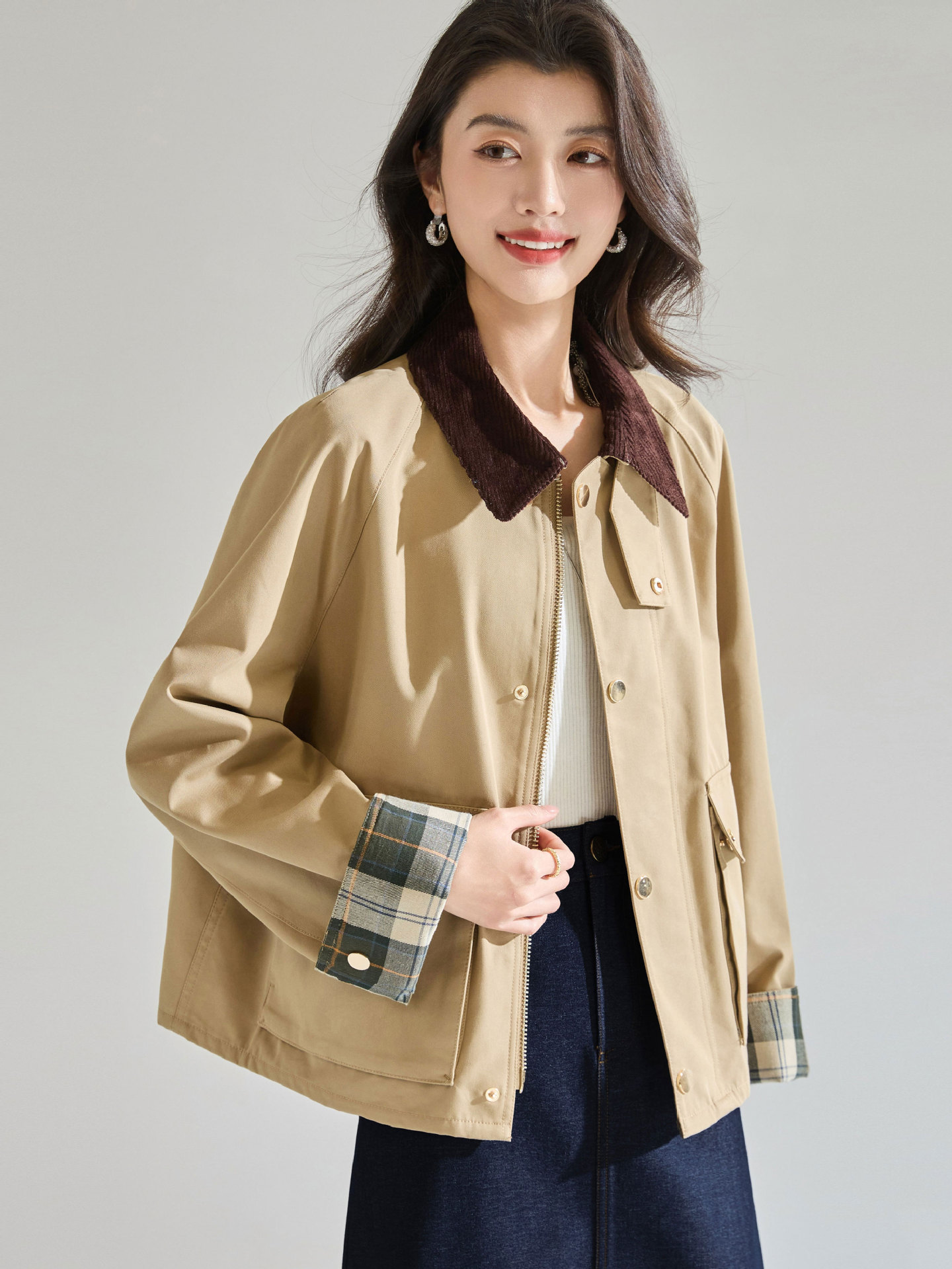 26 Spring Urban High-End Barn Style Corduroy Lapel Slim-Fit Short Workwear Jacket Trench Coat 25756
