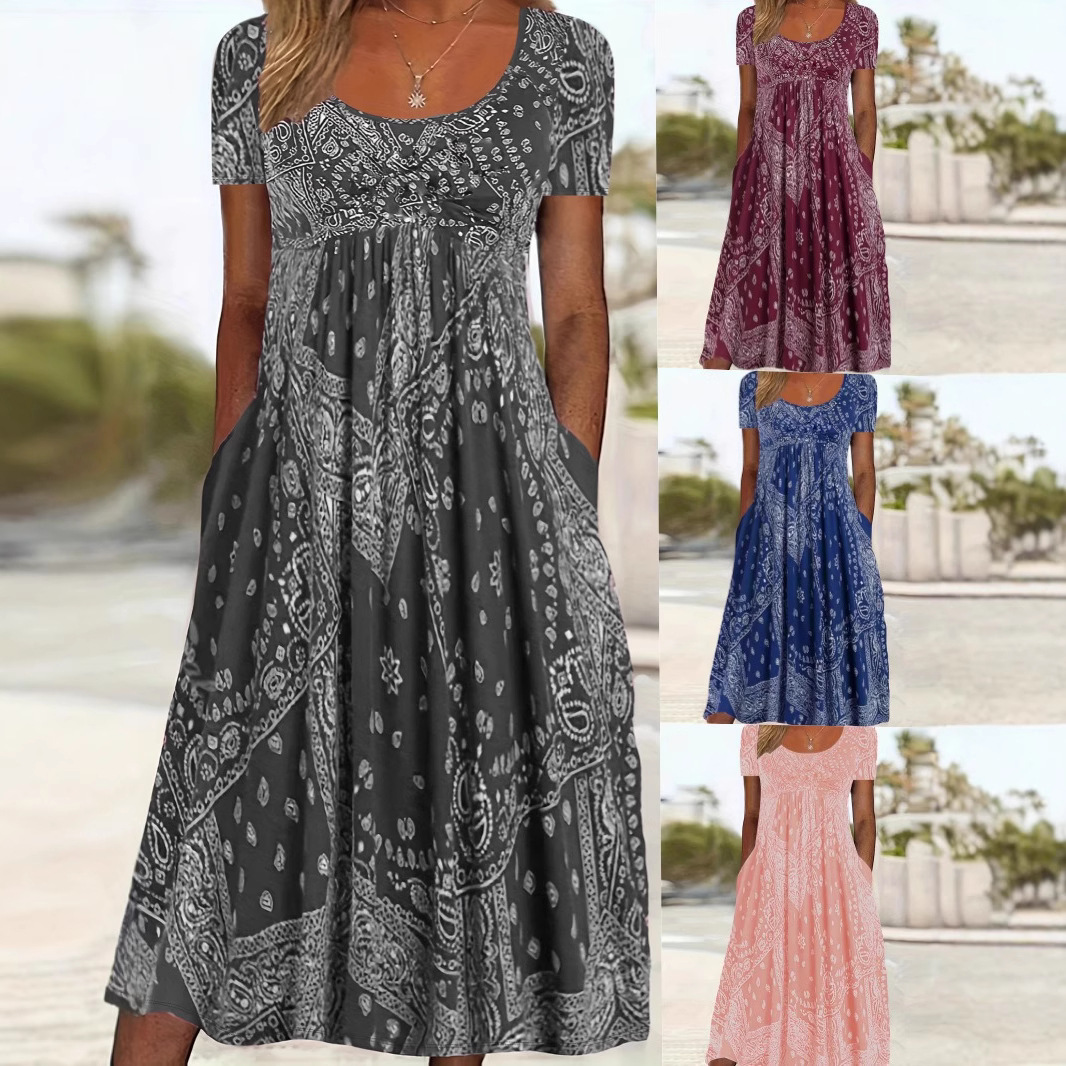 Cross-Border European and American Summer New Long Skirt Mid-Waist Short-Sleeved Round Neck Retro Print Comfortable Casual Style Pullover Long Skirt