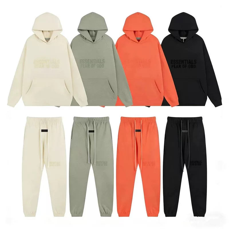 FOG Trendy Double Line ESSENTIALS Plush Letter Loose Plush Pants Men's and Women's Hooded Sweatshirt Set