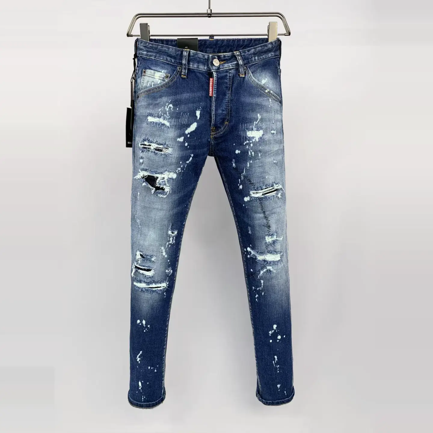 2025 Spring/Summer New D2 Trendy Men's Washed Distressed Patched Painted Versatile Slim Fit Blue Jeans for Men