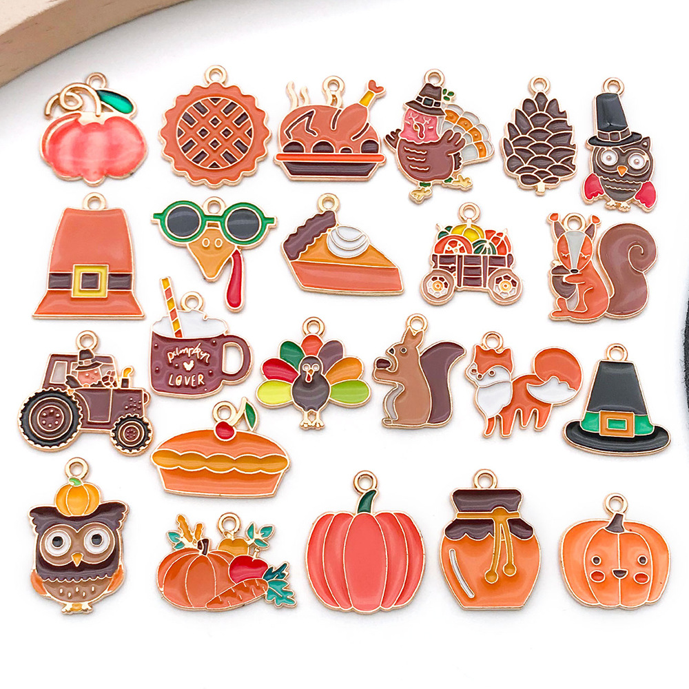 Mix 50 DIY Thanksgiving Drop Oil Pendant Pumpkin Squirrel Dessert Turkey Keychain Alloy Accessories Accessories
