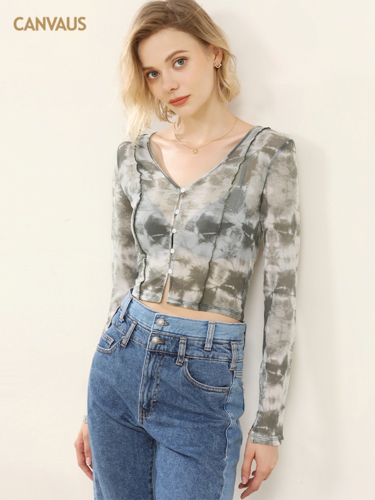 CANVAUS women's autumn new Korean style mesh short V-neck ink painting tie-dyed slim-fit comfortable bottoming shirt for women