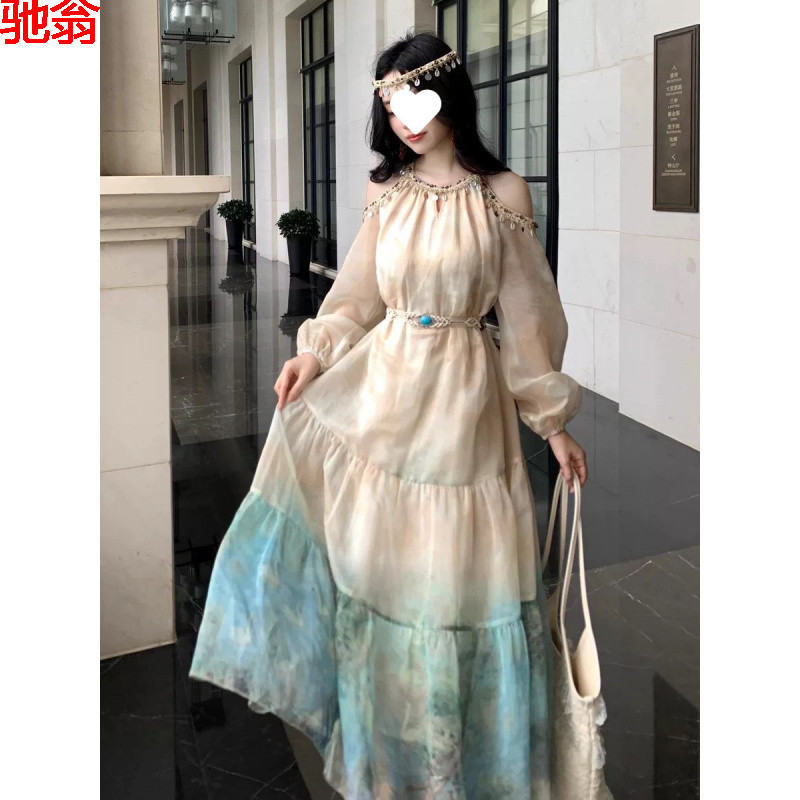 W9Q Autumn New French Style Beautiful Fashion High-grade Exquisite First Love Shoulder Round Neck Gradient dress Dress