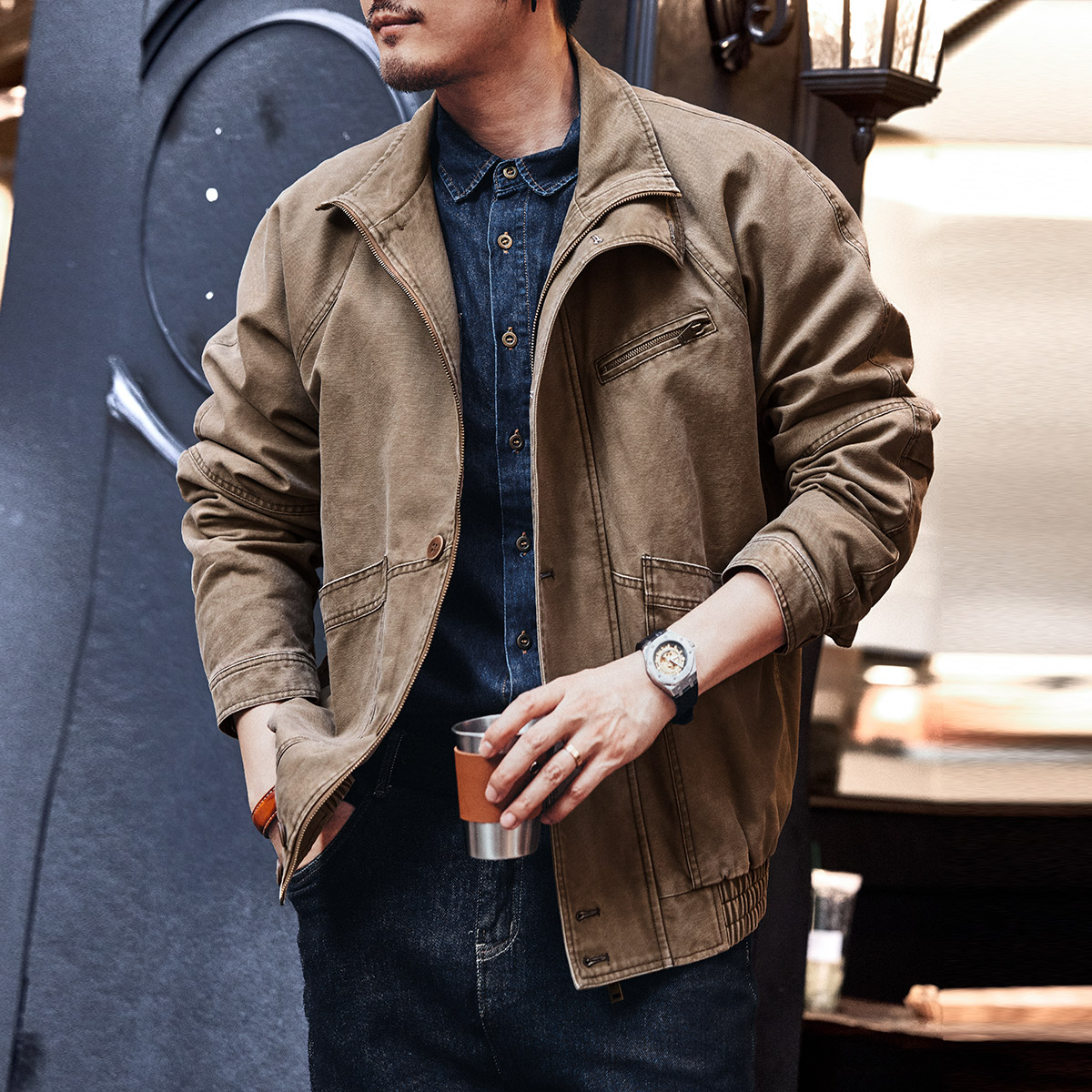 Gelan Deer American Vintage Work Jacket Men's Autumn and Winter Ami Khaki Vertical Collar Heavy Hunting Locomotive Jacket